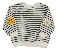 Bílo-černá pruhovaná mikina s květinou a smajlíkem na rukávech Shein