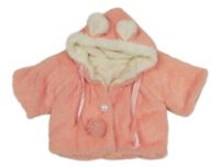 Růžová kožešinová zateplená bunda s kapucí a bambulemi