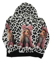 Bílo-černá vzorovaná plyšová mikina s dívkou a kapucí