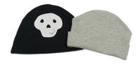 2x bavlněná čepice - černá s lebkou + šedá melírovaná