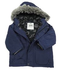 Tmavomodrá šusťáková zateplená bunda s kapucí s kožešinou F&F