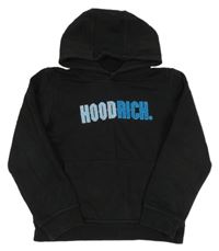 Černá mikina s modrým nápisem a kapucí 