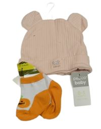 Nové - 2set - světlerůžová žebrovaná čepice s nášivkou + bílo-oranžové ponožky s dýněmi 