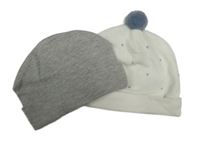 2x čepice - šedá melírovaná + bílá sametová s hvězdičkami 