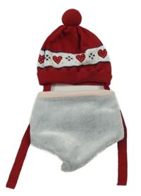 2 set - červená pletená čepice s bílým pruhem a bambulí + šedý plyšový šátek 
