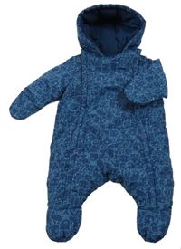 Tmavomodrá vzorovaná šusťáková zimní kombinéza s kapucí 