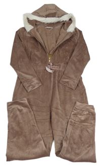 Hnědá plyšová kombinéza s kapucí s kožešinou River Island