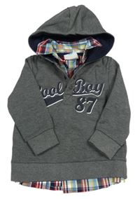 Tmavošedá mikina s nápisem a košilovým prvkem a kapucí Topomini