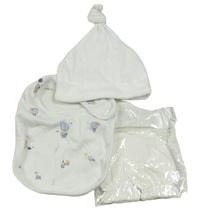 3set - bílá čepice + bílý bryndák se zvířátky + bílé rukavice 