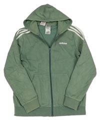 Zeleno-bílá propínací mikina s pruhy a logem a kapucí Adidas