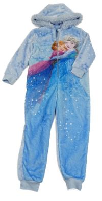 Světlemodrá plyšová kombinéza s Annou a Elsou a kapucí s kožešinou Frozen