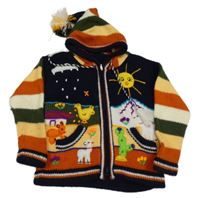 Tmavomodro-vanilkovo-khaki-oranžový propínací svetr se zvířátky a kapucí s bambulí 