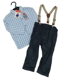 Nové - 2set - Světlemodro-bílá kostkovaná košile s Paddingtonem + Šedomodré laclové manšestráky 