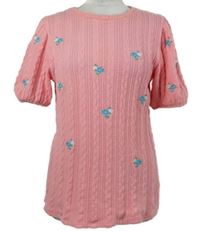 Dámské růžové kytičkované pletené tričko s kytičkami Savida 