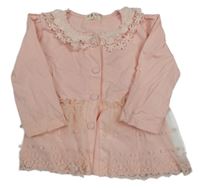 Světlerůžové propínací bavlněné šaty s madeirou a tylovou sukní