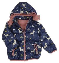 Tmavomodrá šusťáková zimní bunda s jednorožci a kapucí 