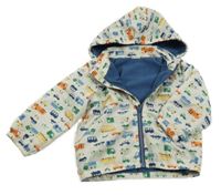 Bílá šusťáková jarní bunda s auty a kapucí H&M