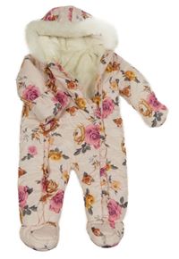 Světlerůžová šusťáková zimní kombinéza s květy a kapucí George