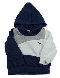 Tmavomodro-bílo-šedá mikina s dinosaurem a kapucí 