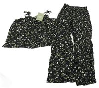 Nové - 2set - Černé lehké culottes květované kalhoty + halenkový top H&M