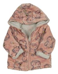 Růžový plyšový zateplený kabátek se sovičkami a kapucí F&F