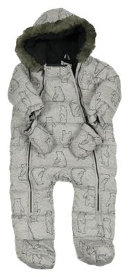 Světlešedá melírovaná prošívaná šusťáková zimní kombinéza s medvídky a kapucí s kožešinou + rukavice F&F