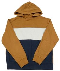 Hnědo-bílo-tmavomodrá mikina s kapsou a kapucí H&M