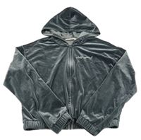 Tmavošedá sametová propínací crop mikina s nápisem a kapucí H&M