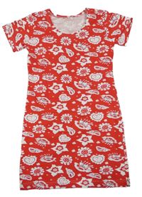 Červené šaty s květy s mušličkami a srdíčky 