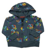 Tmavomodrá propínací mikina se stavebními stroji s dinosaury a kapucí zn. Next