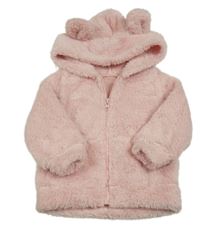 Růžová chlupatá propínací mikina s kapucí s oušky