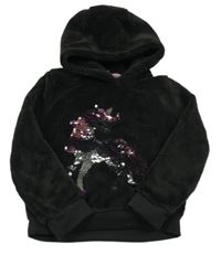 Černá chlupatá mikina s jednorožcem z překlápěcích flitrů a kapucí Kiki&Koko