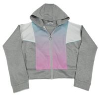 Šedo-modro-růžová sportovní propínací crop mikina s kapucí Pep&Co