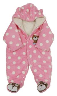 Růžová puntíkatá zateplená kombinéza s medvědem a kapucí