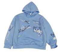 Světlemodrá mikina s medvědem s nápisy a kapucí Shein