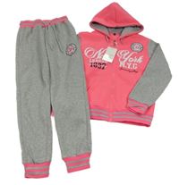 Nové - 2set - Neonově růžovo-šedá propínací mikina s nápisem a kapucí + tepláky