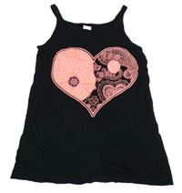 Černý top se srdcem se vzorem a kamínky C&A