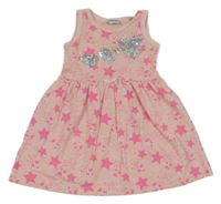Růžové melírované bavlněné šaty se srdíčky z flitrů a hvězdami