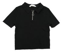 Černé žebrované pletené crop polo tričko H&M