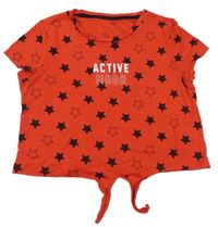 Červené crop tričko s hvězdami a nápisem C&A