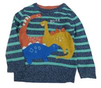 Tmaovmodro-zelený pruhovaný svetr s dinosaury zn. Nutmeg