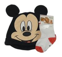 2 set - černá bavlněná čepice s Mickeym + bílo-červené ponožky 
