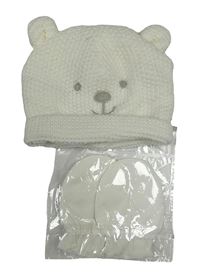 2 set - bílá pletená čepice s medvědem + bílé bavlněné rukavice 