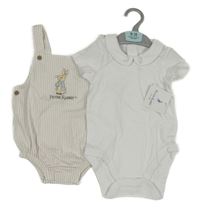 Nové - 2 set - bílé body + béžovo-bílé pruhované laclové kraťasy s králíkem dunnes