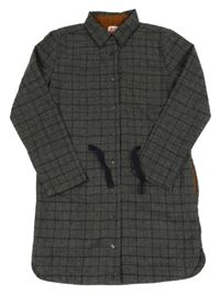 Tmavošedo-tmavomodrá vlněná kostkovaná dlouhá košilová bunda 