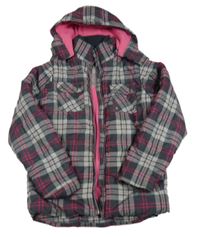 Šedo-růžová šusťáková kostkovaná zimní bunda s kapucí Yigga