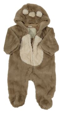 Hnědo-smetanová kožešinová podšitá kombinéza s kapucí - medvěd Next