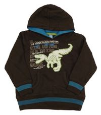 Hnědo-modrá mikina s dinem a nápisy a kapucí Dopodopo