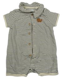 Béžovo-tmavomodrý pruhovaný kraťasový overal s velrybou Vertbaudet