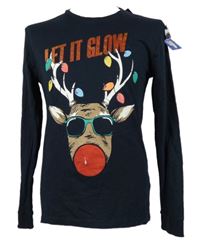 Nové - Pánské tmavomodré pyžamové vánoční triko se sobem Next 